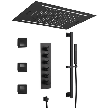 5-in-1 Thermostatische Inbouw Regendoucheset Valerie – Bluetooth & Speakers – LED Verlichting – Massagejets - Zwart