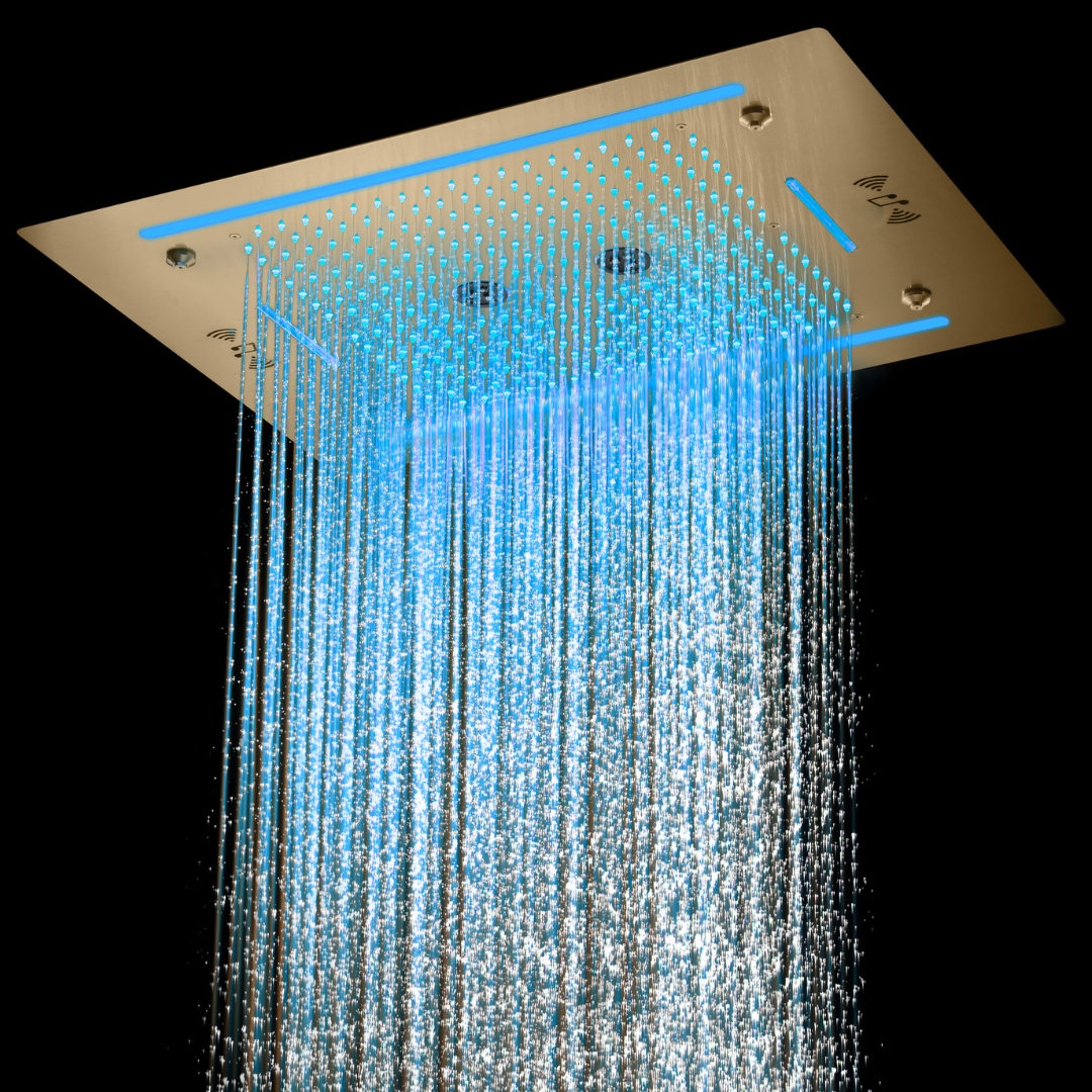 6-in-1 Thermostatische Inbouw Regendoucheset Marino – Bluetooth & Speakers – LED Verlichting – Massagejets - Brushed gold