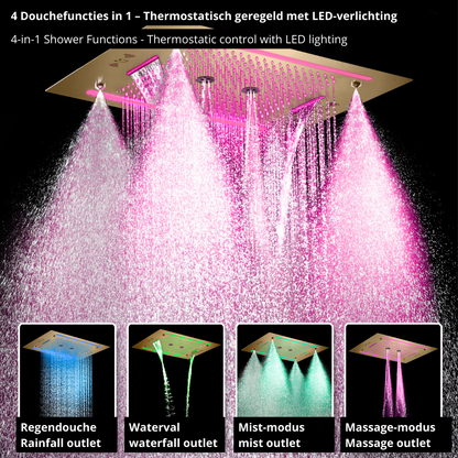 6-in-1 Thermostatische Inbouw Regendoucheset Marino – Bluetooth & Speakers – LED Verlichting – Massagejets - Brushed gold