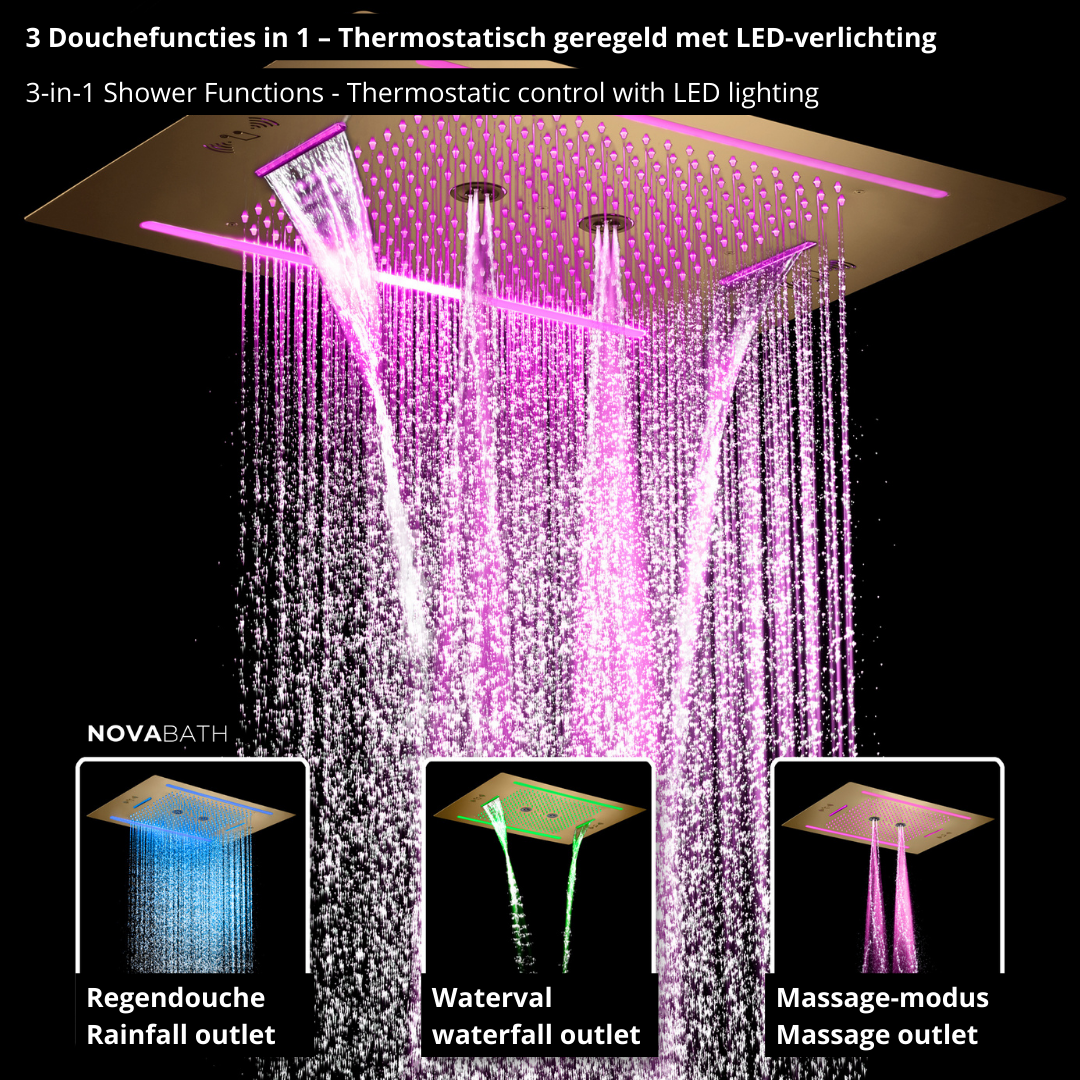 5-in-1 Thermostatische Inbouw Regendoucheset Valerie – Bluetooth & Speakers – LED Verlichting – Massagejets - Brushed gold