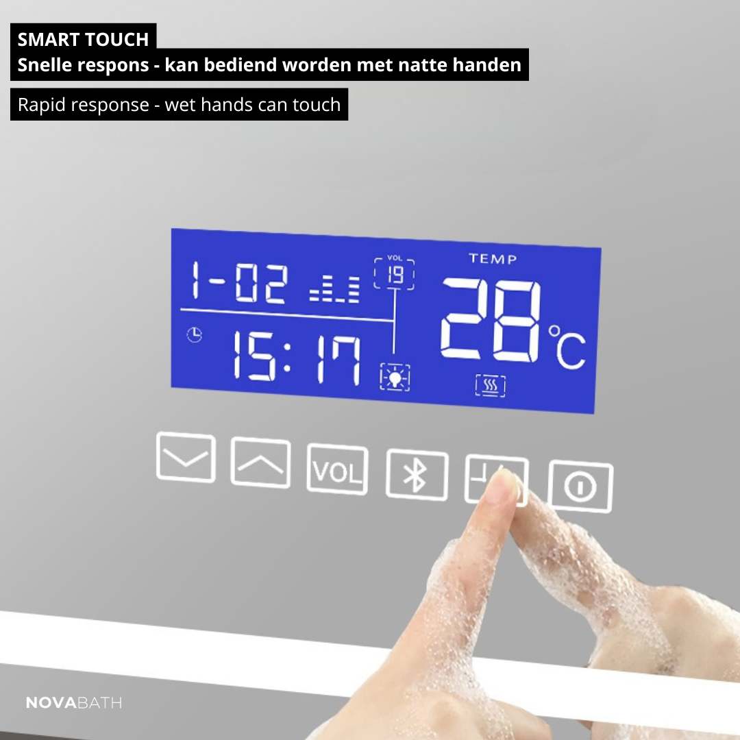 Maatwerk LED Badkamerspiegel Lori – Bluetooth & Speakers – Digitale klok – Vergrotingsspiegel – Anti-condens verwarming