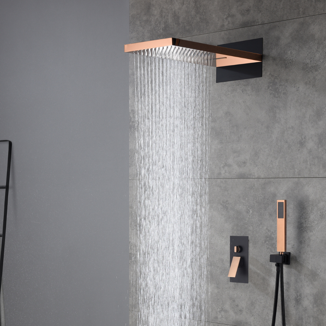 3-in-1 Inbouw Regendoucheset Christine - Waterval - Rose goud, Zwart