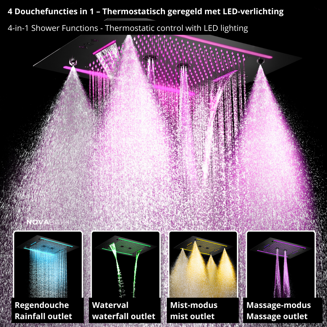 6-in-1 Thermostatische Inbouw Regendoucheset Marino – Bluetooth & Speakers – LED Verlichting – Massagejets - Zwart