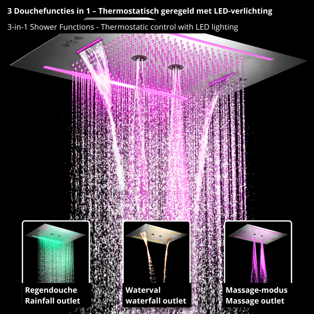 5-in-1 Thermostatische Inbouw Regendoucheset Valerie – Bluetooth & Speakers – LED Verlichting – Massagejets - Chrome