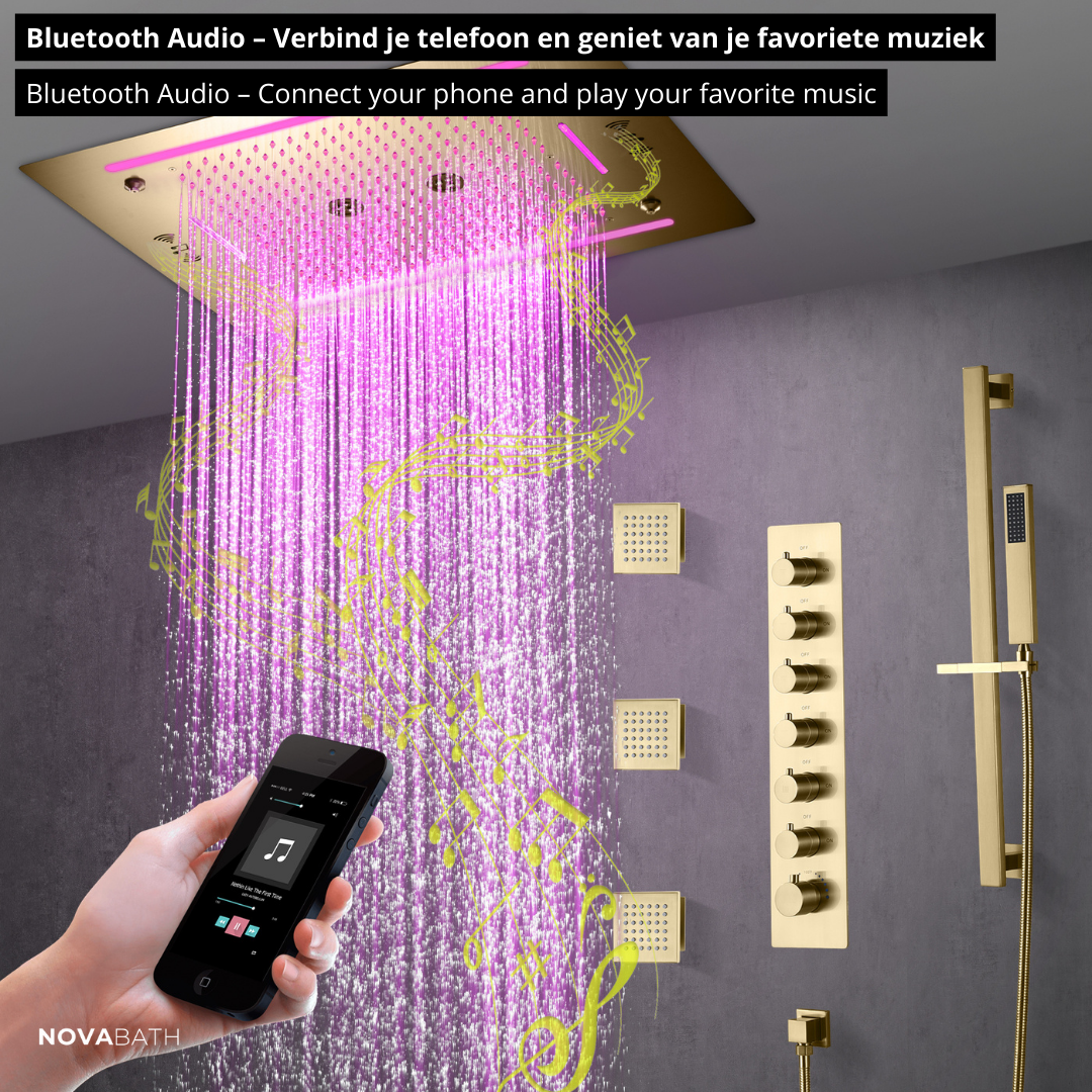 6-in-1 Thermostatische Inbouw Regendoucheset Marino – Bluetooth & Speakers – LED Verlichting – Massagejets - Brushed gold