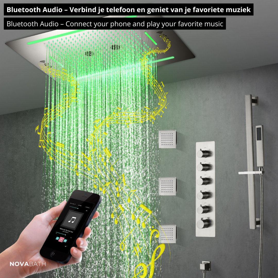 5-in-1 Thermostatische Inbouw Regendoucheset Valerie – Bluetooth & Speakers – LED Verlichting – Massagejets - Brushed nickel
