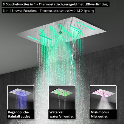 5-in-1 Thermostatische Inbouw Regendoucheset Julia – Bluetooth & Speakers – LED Verlichting – Massagejets - Chrome