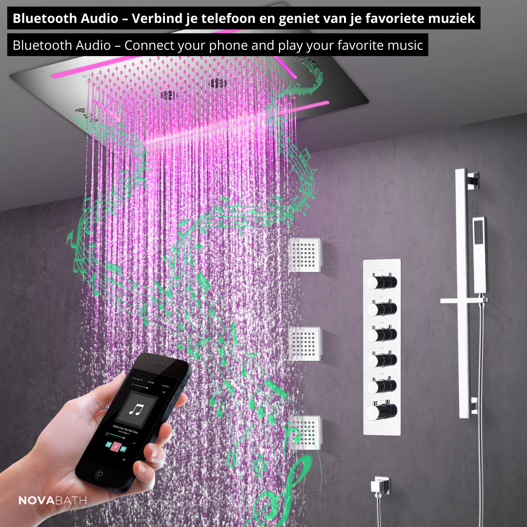 5-in-1 Thermostatische Inbouw Regendoucheset Valerie – Bluetooth & Speakers – LED Verlichting – Massagejets - Chrome