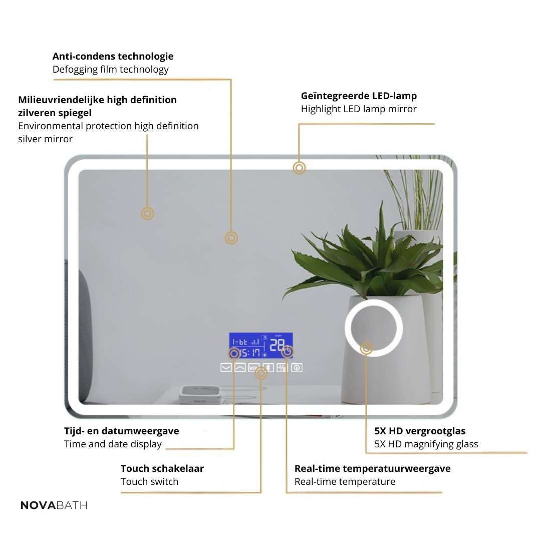 Maatwerk LED Badkamerspiegel Lori – Bluetooth & Speakers – Digitale klok – Vergrotingsspiegel – Anti-condens verwarming