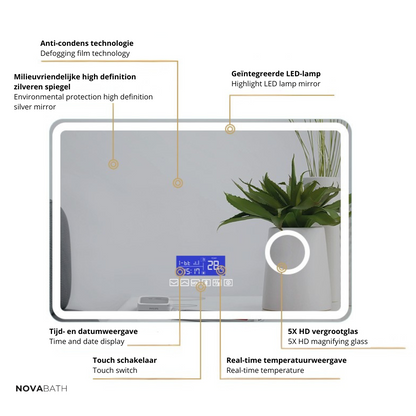 Maatwerk LED Badkamerspiegel Lori – Bluetooth & Speakers – Digitale klok – Vergrotingsspiegel – Anti-condens verwarming