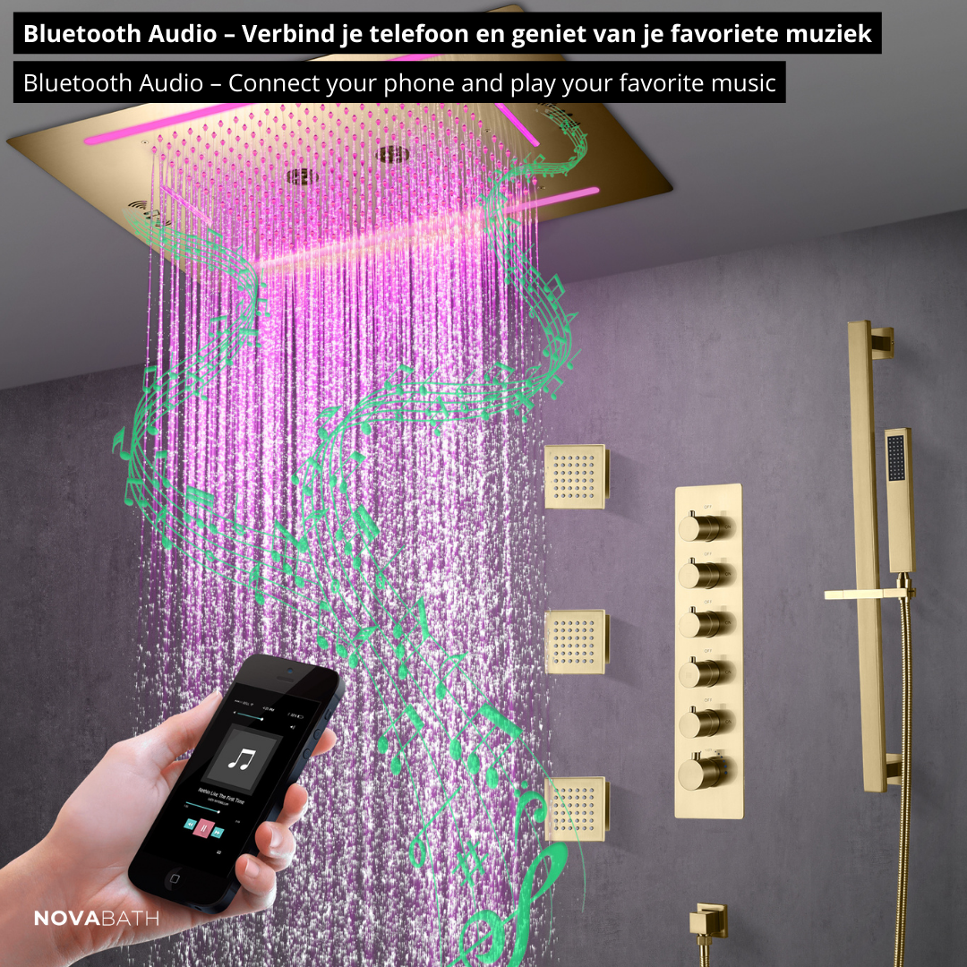 5-in-1 Thermostatische Inbouw Regendoucheset Valerie – Bluetooth & Speakers – LED Verlichting – Massagejets - Brushed gold