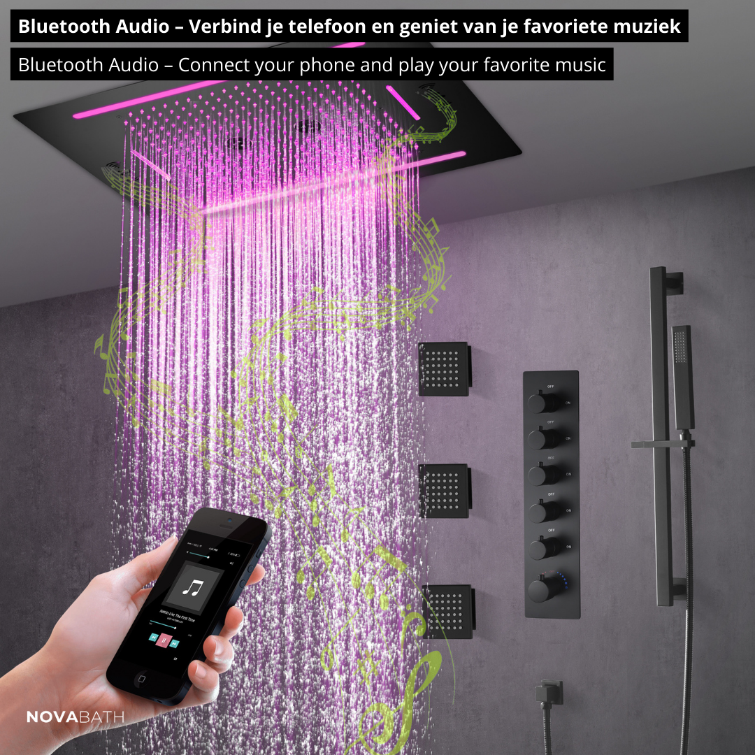 5-in-1 Thermostatische Inbouw Regendoucheset Valerie – Bluetooth & Speakers – LED Verlichting – Massagejets - Zwart