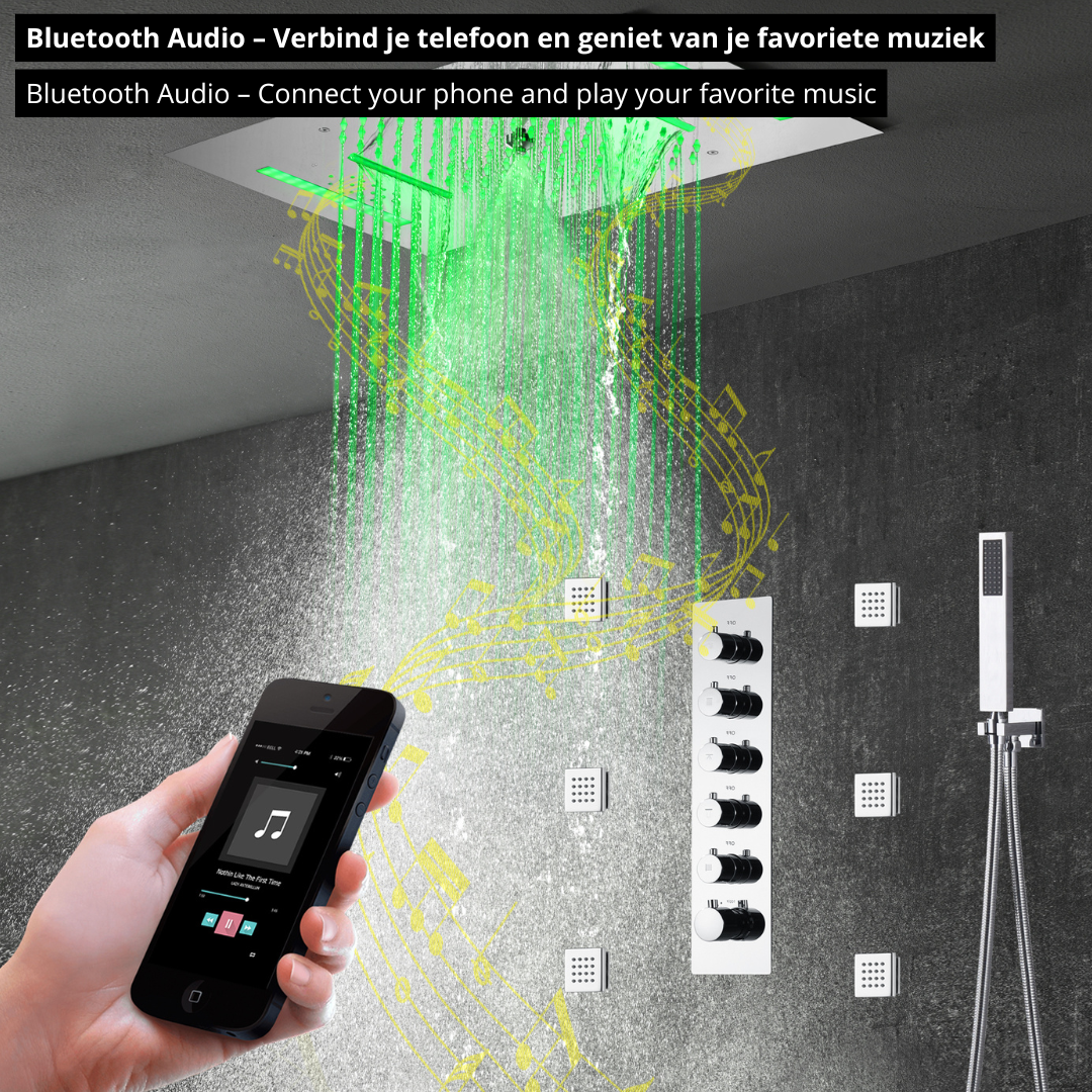 5-in-1 Thermostatische Inbouw Regendoucheset Julia – Bluetooth & Speakers – LED Verlichting – Massagejets - Chrome