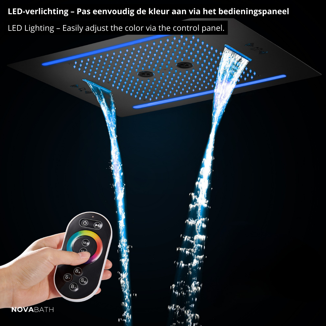 5-in-1 Thermostatische Inbouw Regendoucheset Valerie – Bluetooth & Speakers – LED Verlichting – Massagejets - Zwart