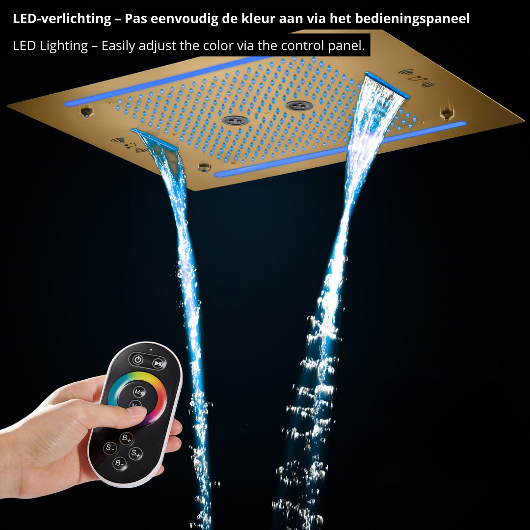 6-in-1 Thermostatische Inbouw Regendoucheset Marino – Bluetooth & Speakers – LED Verlichting – Massagejets - Brushed gold