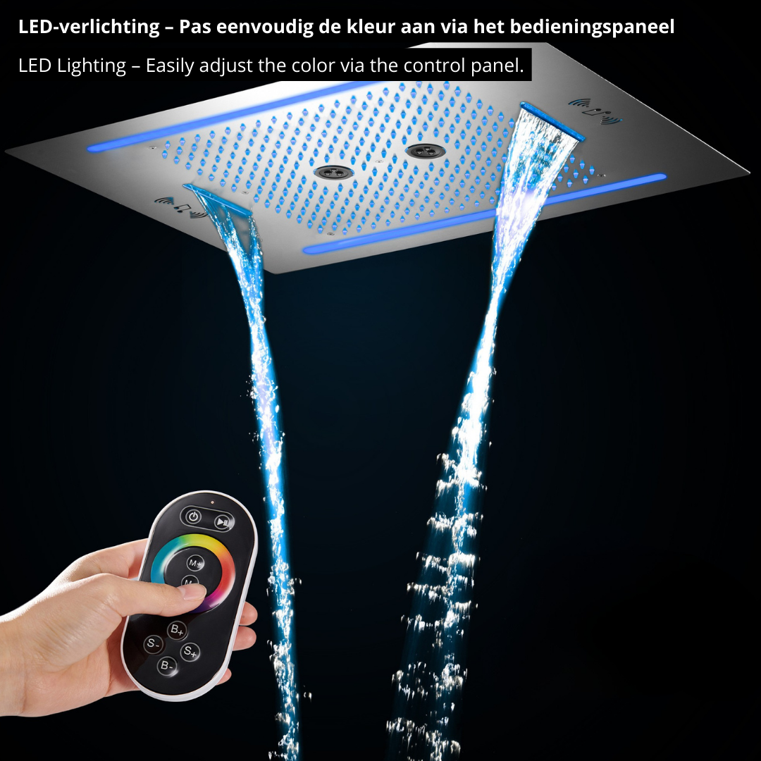 5-in-1 Thermostatische Inbouw Regendoucheset Valerie – Bluetooth & Speakers – LED Verlichting – Massagejets - Chrome