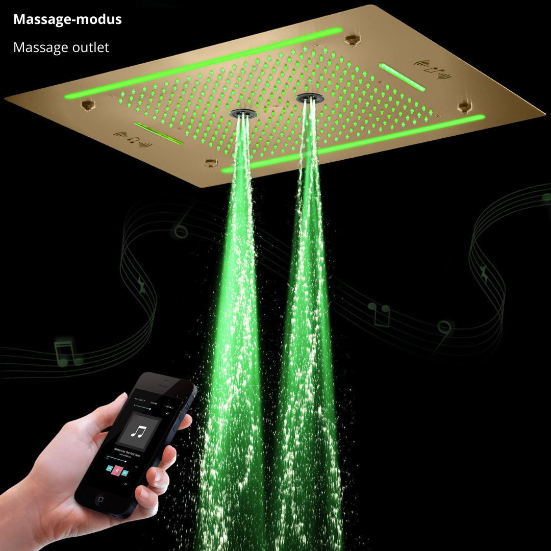 6-in-1 Thermostatische Inbouw Regendoucheset Marino – Bluetooth & Speakers – LED Verlichting – Massagejets - Brushed gold