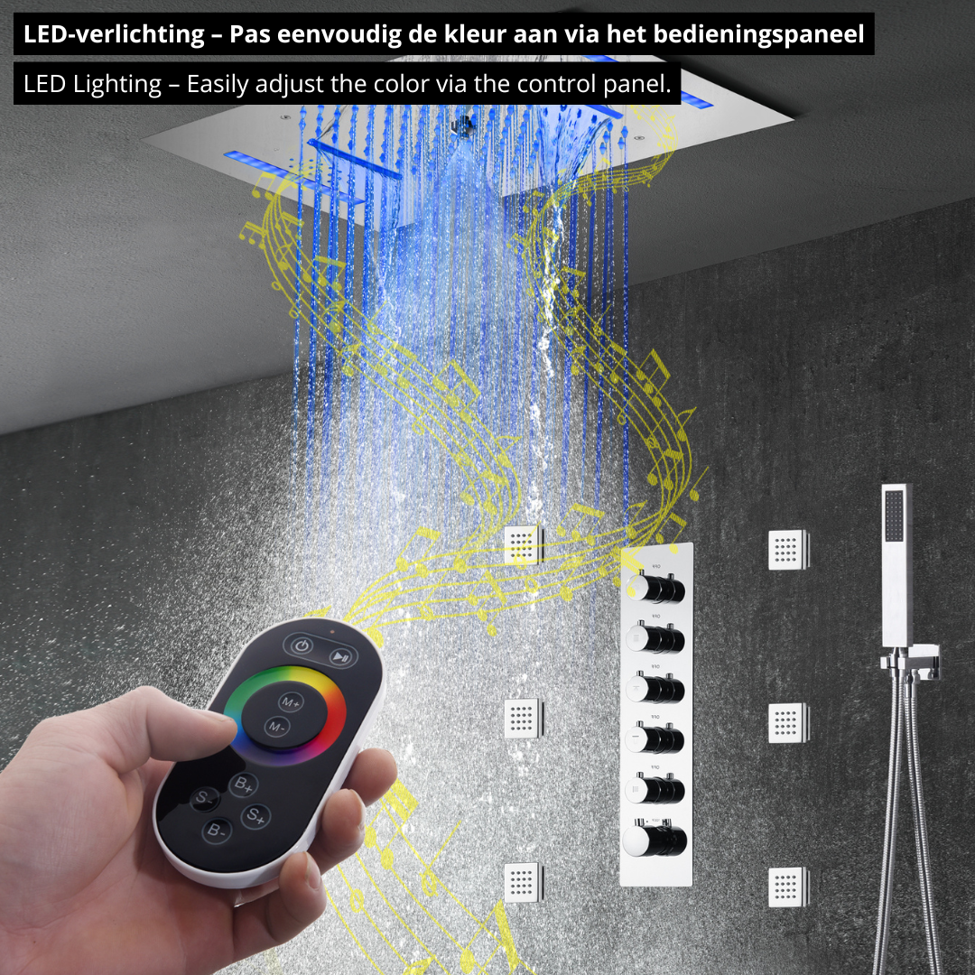 5-in-1 Thermostatische Inbouw Regendoucheset Julia – Bluetooth & Speakers – LED Verlichting – Massagejets - Chrome