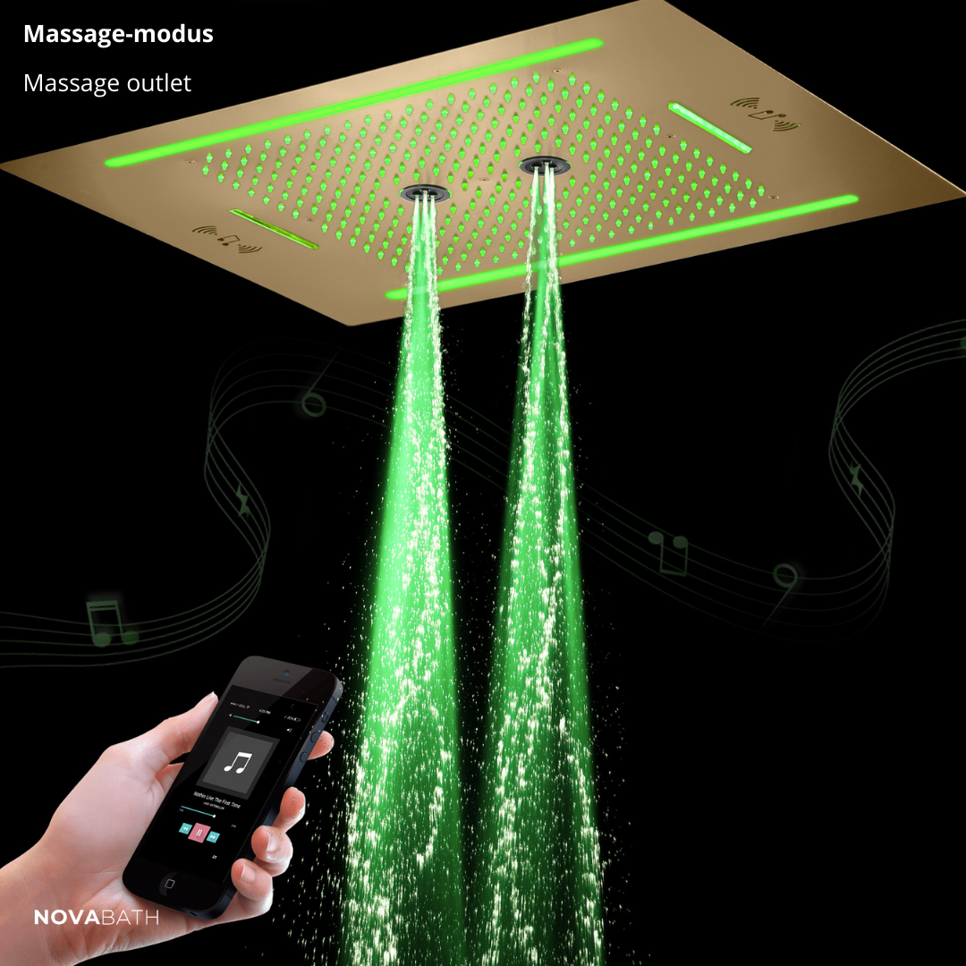 5-in-1 Thermostatische Inbouw Regendoucheset Valerie – Bluetooth & Speakers – LED Verlichting – Massagejets - Brushed gold